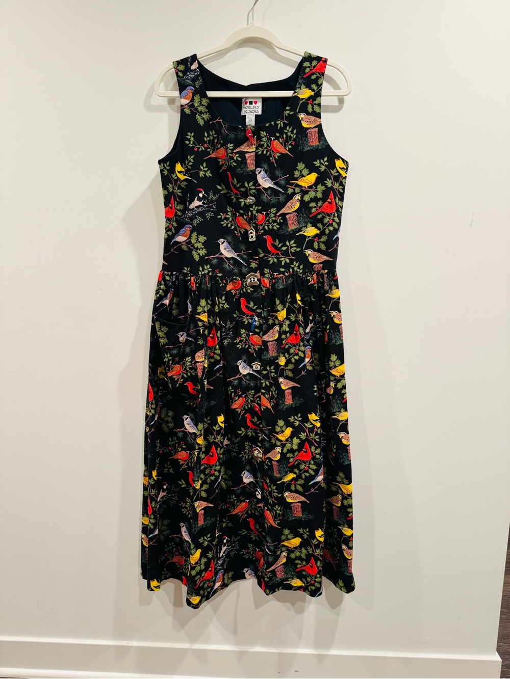 🇺🇸 Worldly Designs Bird Print Midi Dress S Made USA Ceramic Buttons Birdwatcher
